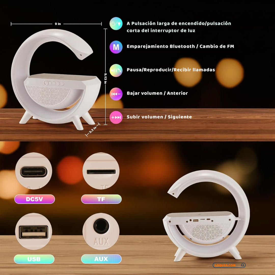 Lámpara Atmosférica LED en Forma de "G"  Cargador Inalámbrico y Bocina Bluetooth